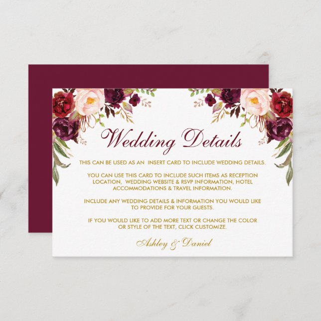 Tarjeta De Recepción Detalles del Boda Burgundy Floral Gold Insertar ta (Anverso / Reverso)