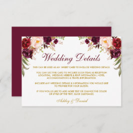 Tarjeta De Recepción Detalles del Boda Burgundy Floral Gold Insertar ta