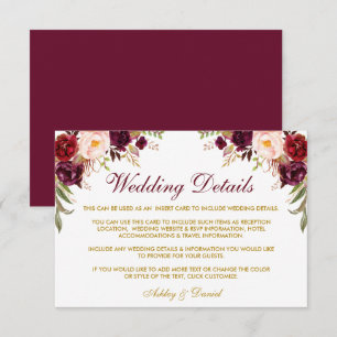 Tarjeta De Recepción Detalles del Boda Burgundy Floral Gold Insertar ta