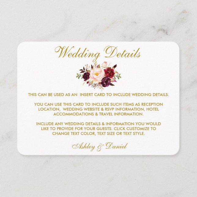Tarjeta De Recepción Detalles del Boda Burgundy Floral Gold Insertar ta (Anverso)
