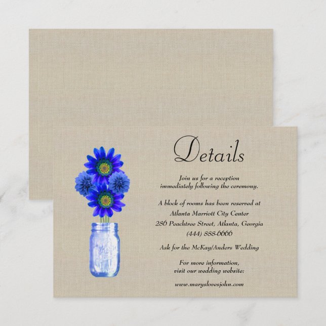 Tarjeta De Recepción Detalles del Boda Burlap Blue Floral Mason Jar (Anverso / Reverso)
