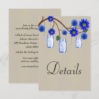 Tarjeta De Recepción Detalles del Boda Burlap Blue Floral Mason Jars
