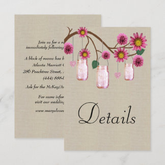 Tarjeta De Recepción Detalles del Boda Burlap Pink Floral Mason Jars