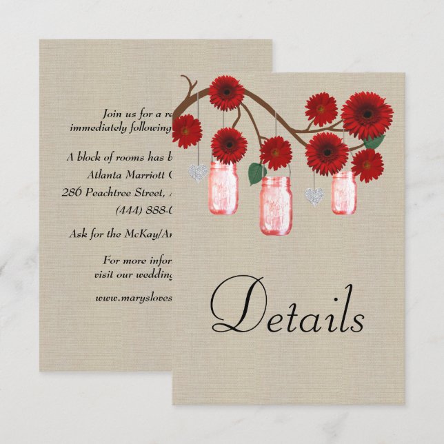 Tarjeta De Recepción Detalles del Boda Burlap Red Floral Mason Jars (Anverso / Reverso)