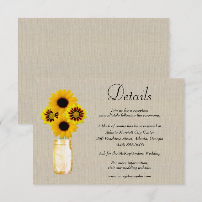 Tarjeta De Recepción Detalles del Boda Burlap Yellow Floral Mason Jar (Anverso / Reverso)