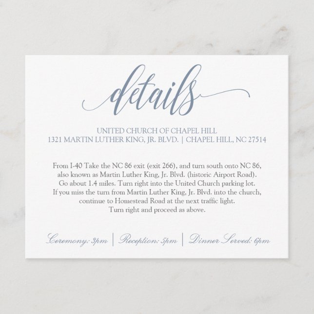 Tarjeta De Recepción Detalles del boda | Caligrafía de lujo (azul turbi (Anverso)