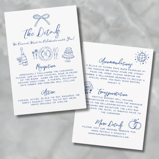 Tarjeta De Recepción Detalles del Boda caprichoso azul dibujado a mano (Hand Drawn Blue Whimsical Wedding Details Enclosure Card)