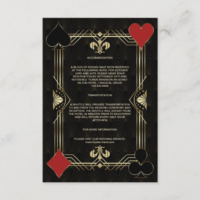 Tarjeta De Recepción Detalles del Boda Charm Art Deco Casino Vegas Poke (Anverso)