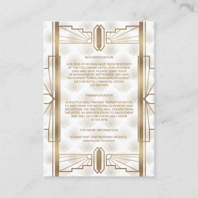 Tarjeta De Recepción Detalles del Boda Charm Gold Great Gatsby Art Deco (Anverso)