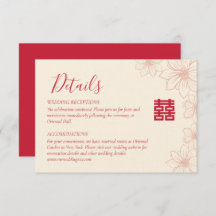 Detalles del boda chino con flores de color rojo y