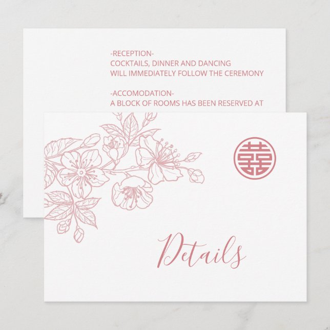 Tarjeta De Recepción Detalles del Boda chino de Floral Line Art Rubor (Anverso / Reverso)