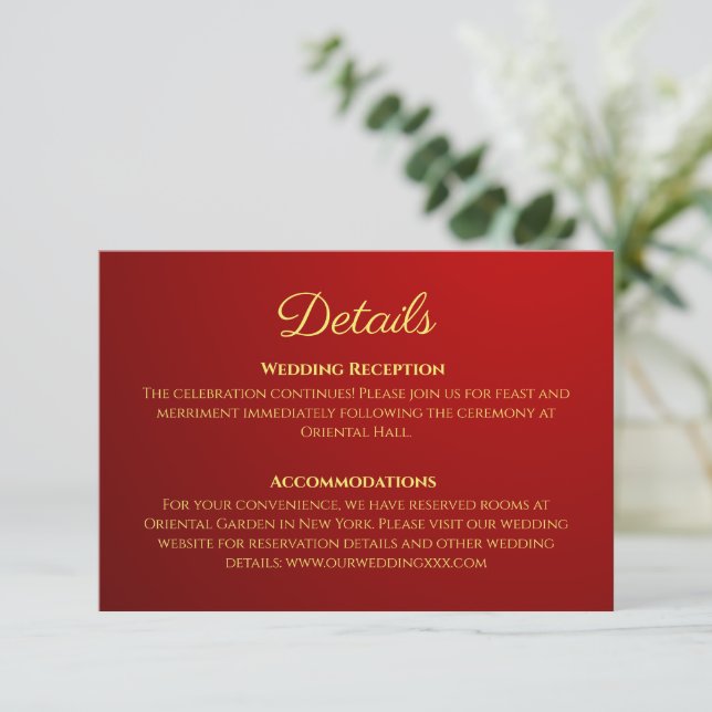 Tarjeta De Recepción Detalles del boda chino rojo oscuro degradado (Anverso de pie)