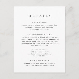 Tarjeta De Recepción Detalles del Boda clásico moderno negro y blanco