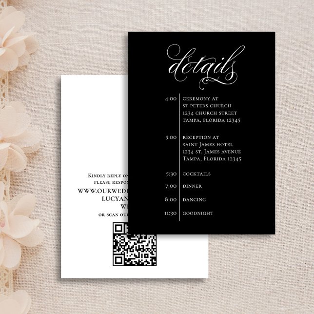 Tarjeta De Recepción Detalles del boda Código QR blanco y negro RSVP (Elegant Calligraphy Script Wedding Details Timeline enclosure insert card)
