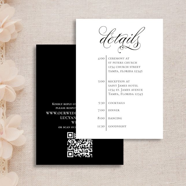 Tarjeta De Recepción Detalles del boda Código QR Línea de tiempo en bla (Simple black and white wedding details enclosure card with scannable QR Code. )