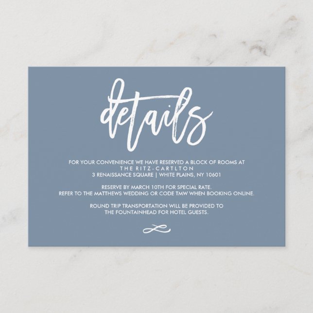 Tarjeta De Recepción Detalles del Boda con letras de mano de moda azul  (Anverso)