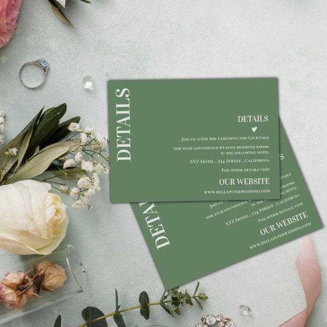 Tarjeta De Recepción Detalles del Boda contemporáneo moderno verde sabi (Sage Green Modern Contemporary Wedding Details Enclosure Card)
