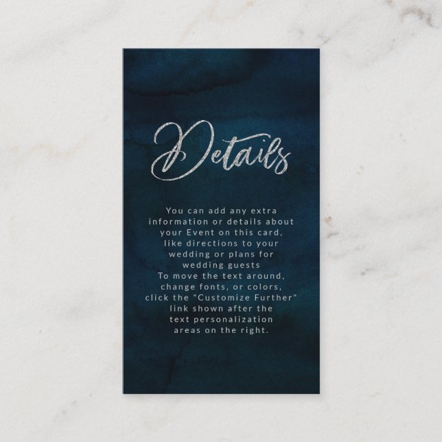 Tarjeta De Recepción Detalles del Boda de acuarela azul oscuro Luster d (Anverso)