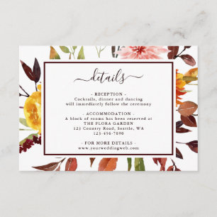 Tarjeta De Recepción Detalles del Boda de acuarela de Autumn Garden Mar
