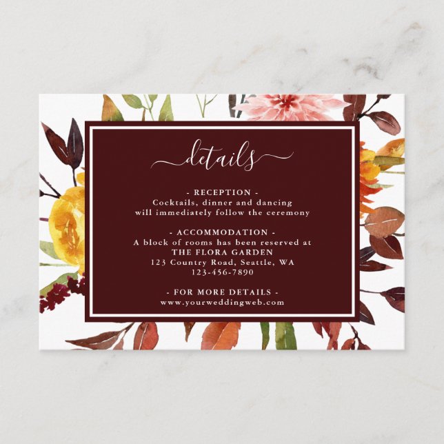 Tarjeta De Recepción Detalles del Boda de acuarela de Burgundy Garden d (Anverso)