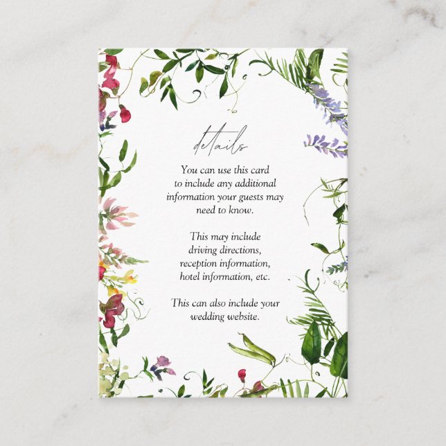 Tarjeta De Recepción Detalles del Boda de acuarela de flores silvestres (Anverso)