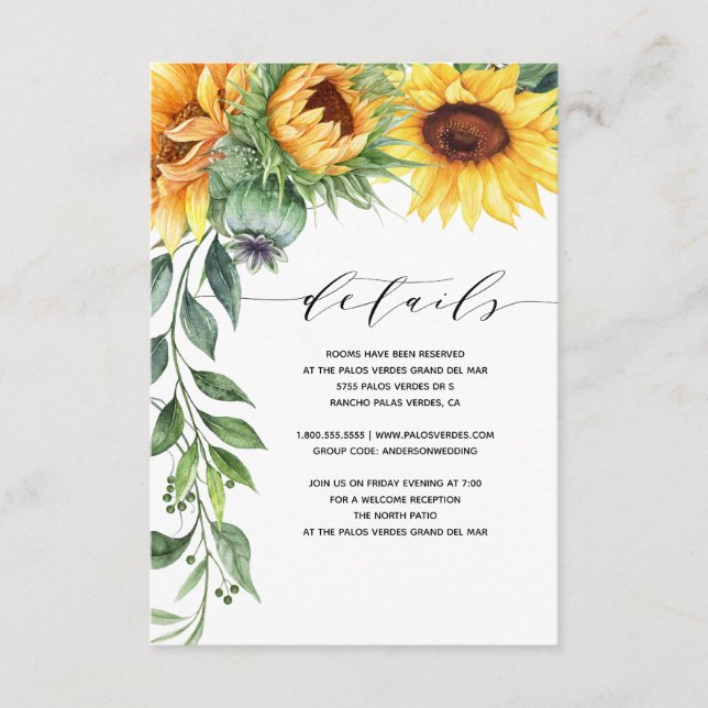 Tarjeta De Recepción Detalles del Boda de acuarela de girasol moderno (Anverso)