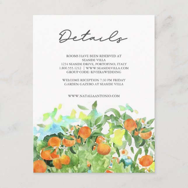 Tarjeta De Recepción Detalles del Boda de acuarela de la flor del cítri (Anverso)