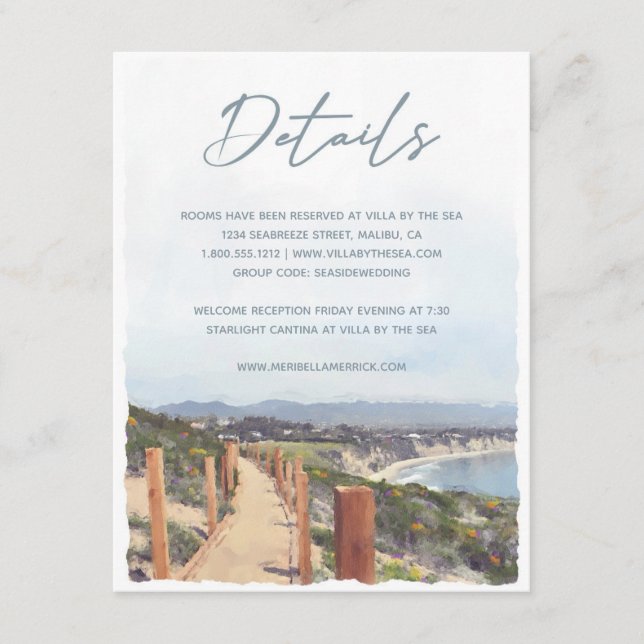Tarjeta De Recepción Detalles del Boda de acuarela de Malibu California (Anverso)