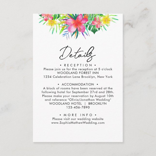 Tarjeta De Recepción Detalles del Boda de acuarela de Paraíso tropical  (Anverso)