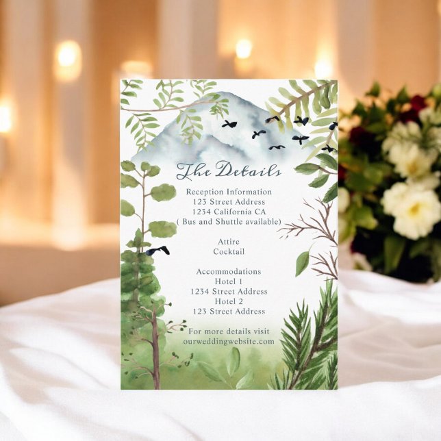 Tarjeta De Recepción Detalles del boda de acuarela de pinos montañosos  (Winter mountain pines watercolor wedding details enclosure card)