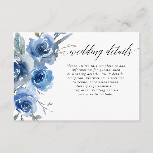 Tarjeta De Recepción Detalles del boda de acuarela floral azul marino (Anverso)