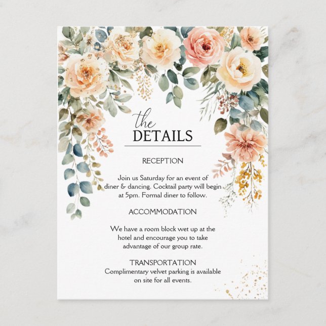 Tarjeta De Recepción Detalles del Boda de acuarela floral de Rubor (Anverso)