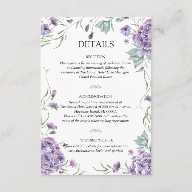 Tarjeta De Recepción Detalles del Boda de acuarela floral Purple Hydran (Anverso)