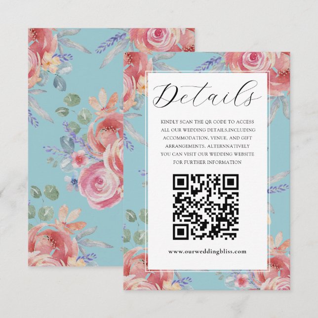 Tarjeta De Recepción Detalles del Boda de acuarela floral rosa y azul B (Anverso / Reverso)