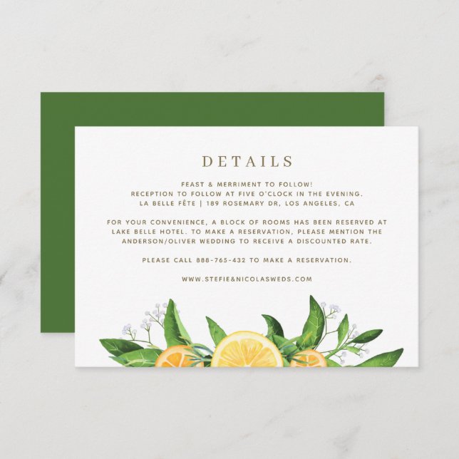 Tarjeta De Recepción Detalles del Boda de acuarela Lemons y Naranjas (Anverso / Reverso)
