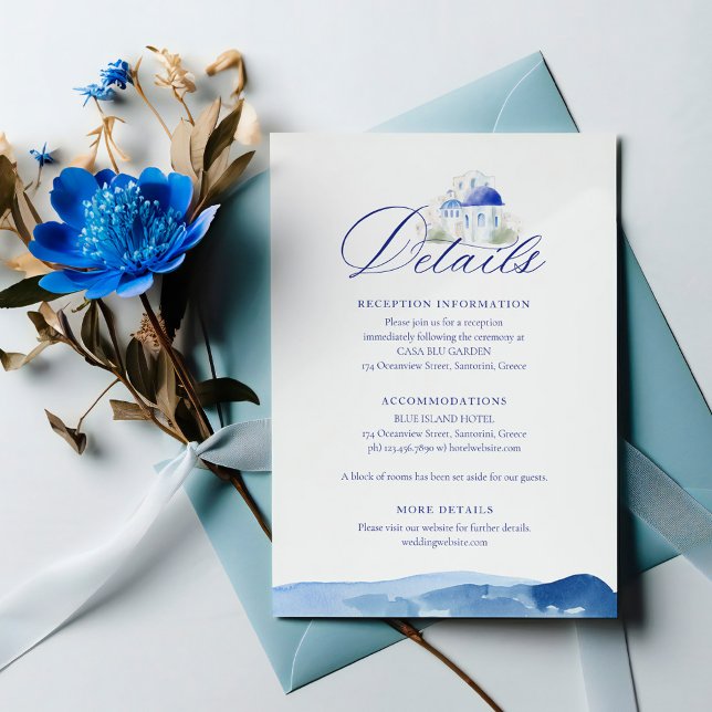 Tarjeta De Recepción Detalles del Boda de acuarela Santorini Grecia (Santorini Greece Watercolor Wedding Details Enclosure Card)