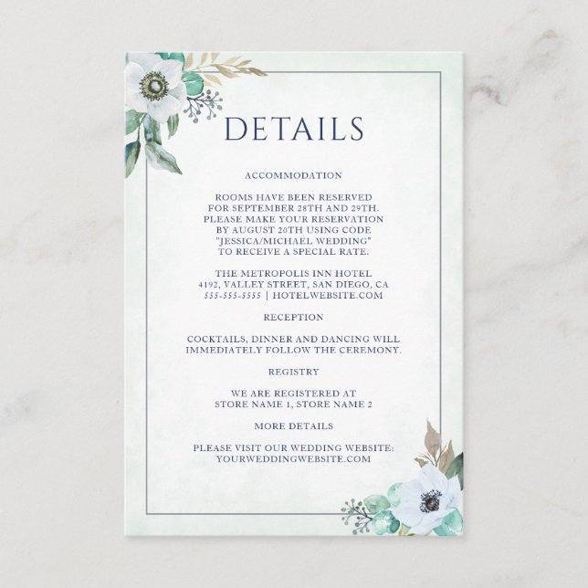 Tarjeta De Recepción Detalles del Boda de anémona floral acuática moder (Anverso)