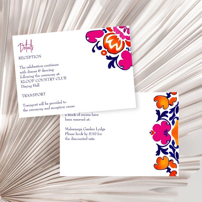 Tarjeta De Recepción Detalles del boda de azulejos azul naranja rosa me (Pink orange blue Mexican Talavera Azulejo tiles wedding details Enclosure Card invitation suite)