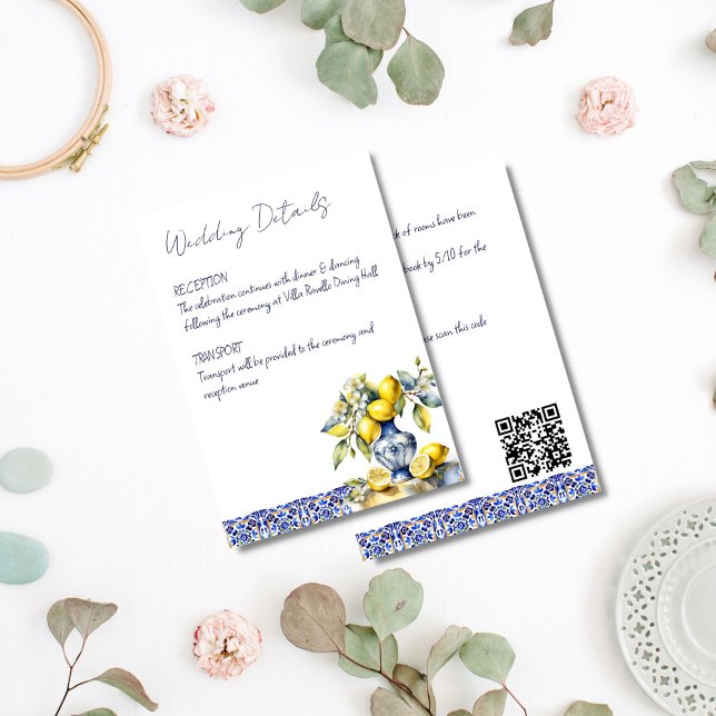Tarjeta De Recepción Detalles del boda de azulejos azules de Amalfi (Amalfi Italian blue tiles lemons Mediterranean themed wedding details Enclosure Card qr website)
