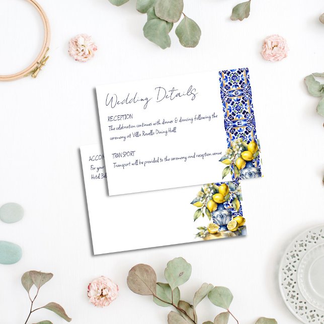 Tarjeta De Recepción Detalles del boda de azulejos azules de Amalfi (Amalfi Italian blue tiles lemons wedding details Enclosure Card Mediterranean themed wedding card)