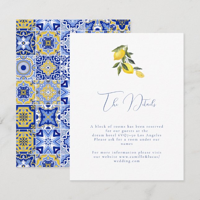 Tarjeta De Recepción Detalles del Boda de azulejos y cítricos del medit (Anverso / Reverso)
