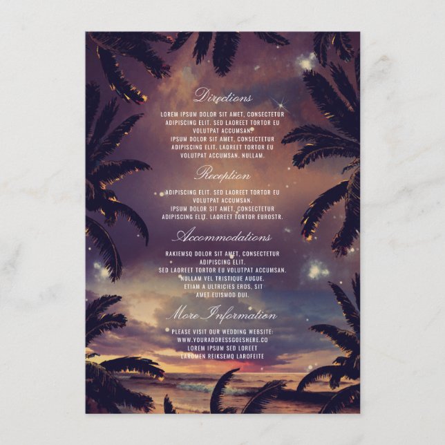 Tarjeta De Recepción Detalles del Boda de Beach Sunset Palm Leaves (Anverso)