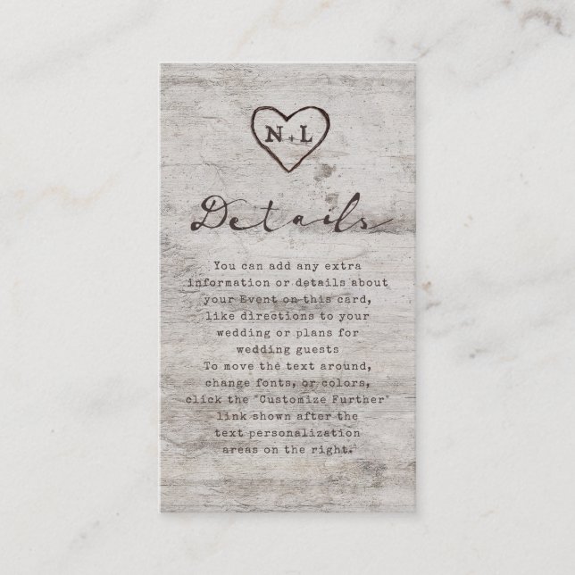 Tarjeta De Recepción Detalles del Boda de Birch Rústico de novias talla (Anverso)