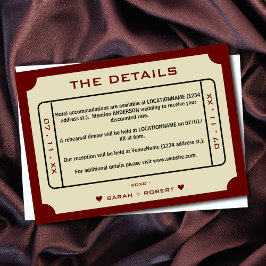 Tarjeta De Recepción Detalles del Boda de boletos de película retro