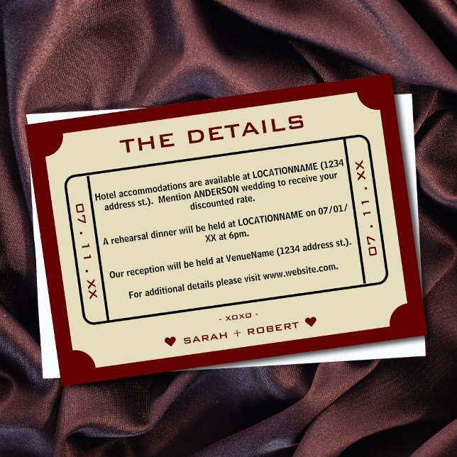 Tarjeta De Recepción Detalles del Boda de boletos de película retro (Retro Movie Ticket Wedding Details Enclosure Card)