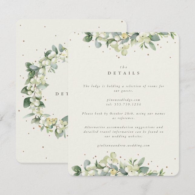 Tarjeta De Recepción Detalles del Boda de borde Cream Snowberry+Eucalyp (Anverso / Reverso)