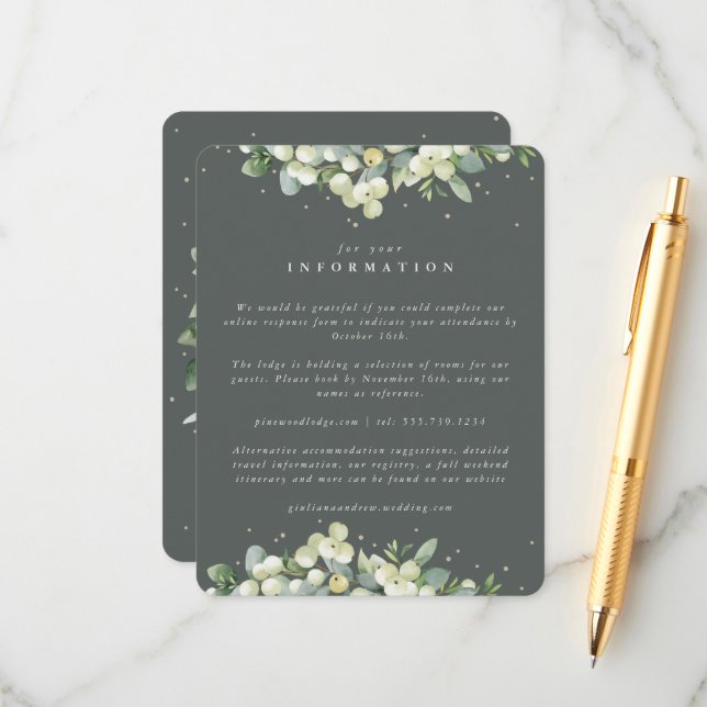 Tarjeta De Recepción Detalles del Boda de borde verde de nieve + eucali (Anverso/Reverso In Situ)