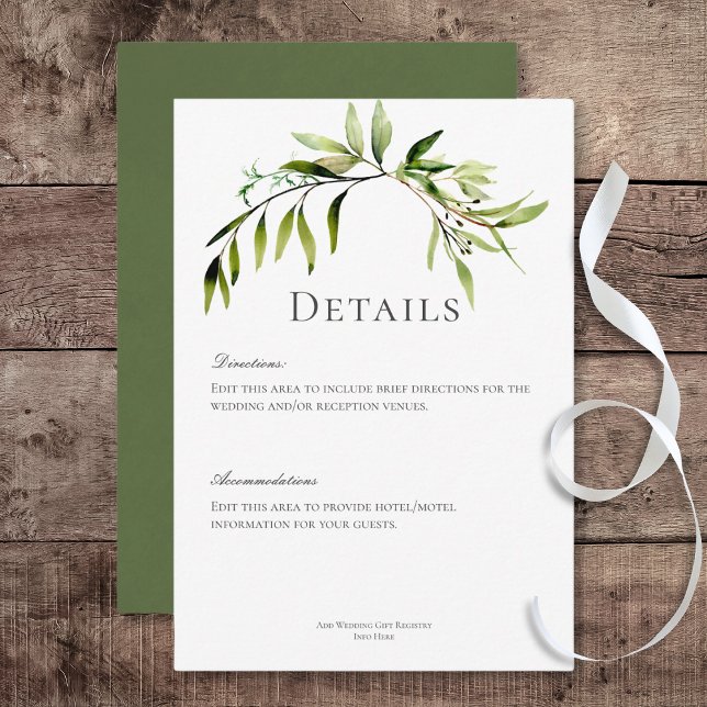 Tarjeta De Recepción Detalles del Boda de Bough Bough de vegetación bot (Rustic Botanical Greenery Bough Wedding Details Card)