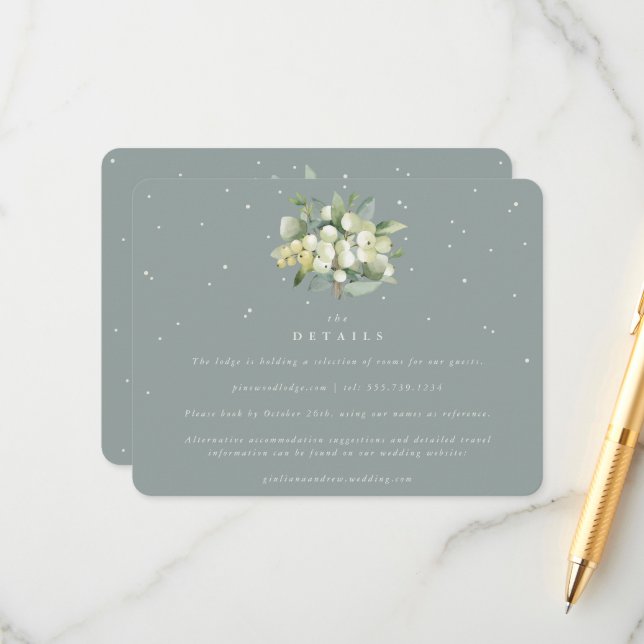Tarjeta De Recepción Detalles del Boda de Bouquet Green Snowberry+Eucal (Anverso/Reverso In Situ)