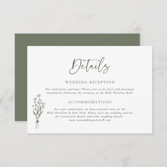 Tarjeta De Recepción Detalles del Boda de Bouquet Mínimo Verde Taupe (Anverso / Reverso)